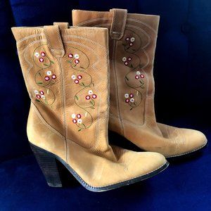 Vintage Embroidered Suede Coyboy Boots with 3" Heel